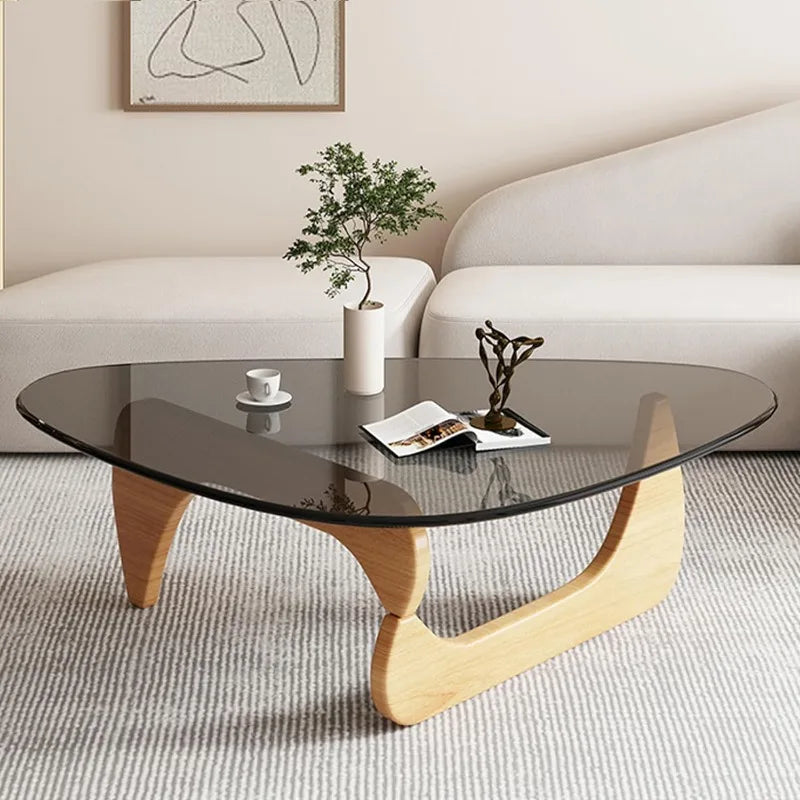 Triangle Glass Coffee Table with Wooden Base Mid-Century Modern Abstract End Table