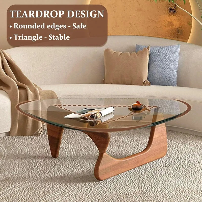 Triangle Glass Coffee Table with Wooden Base Mid-Century Modern Abstract End Table