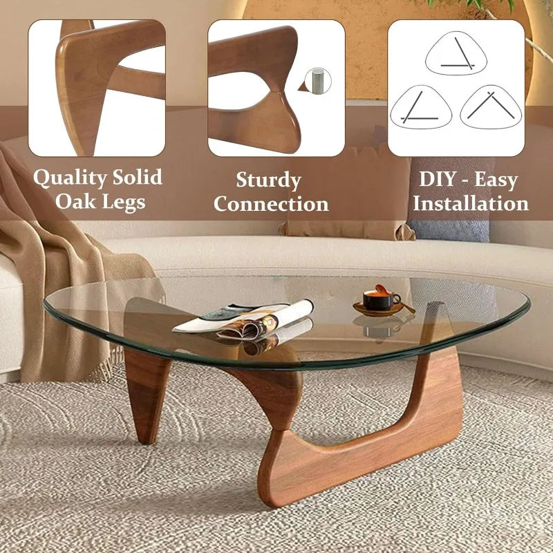 Triangle Glass Coffee Table with Wooden Base Mid-Century Modern Abstract End Table